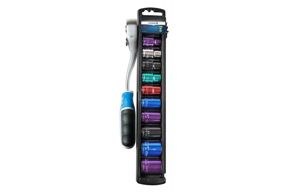 Color coded sockets set with ratchet handle 1/2", CrV steel, 72T, 11 pcs