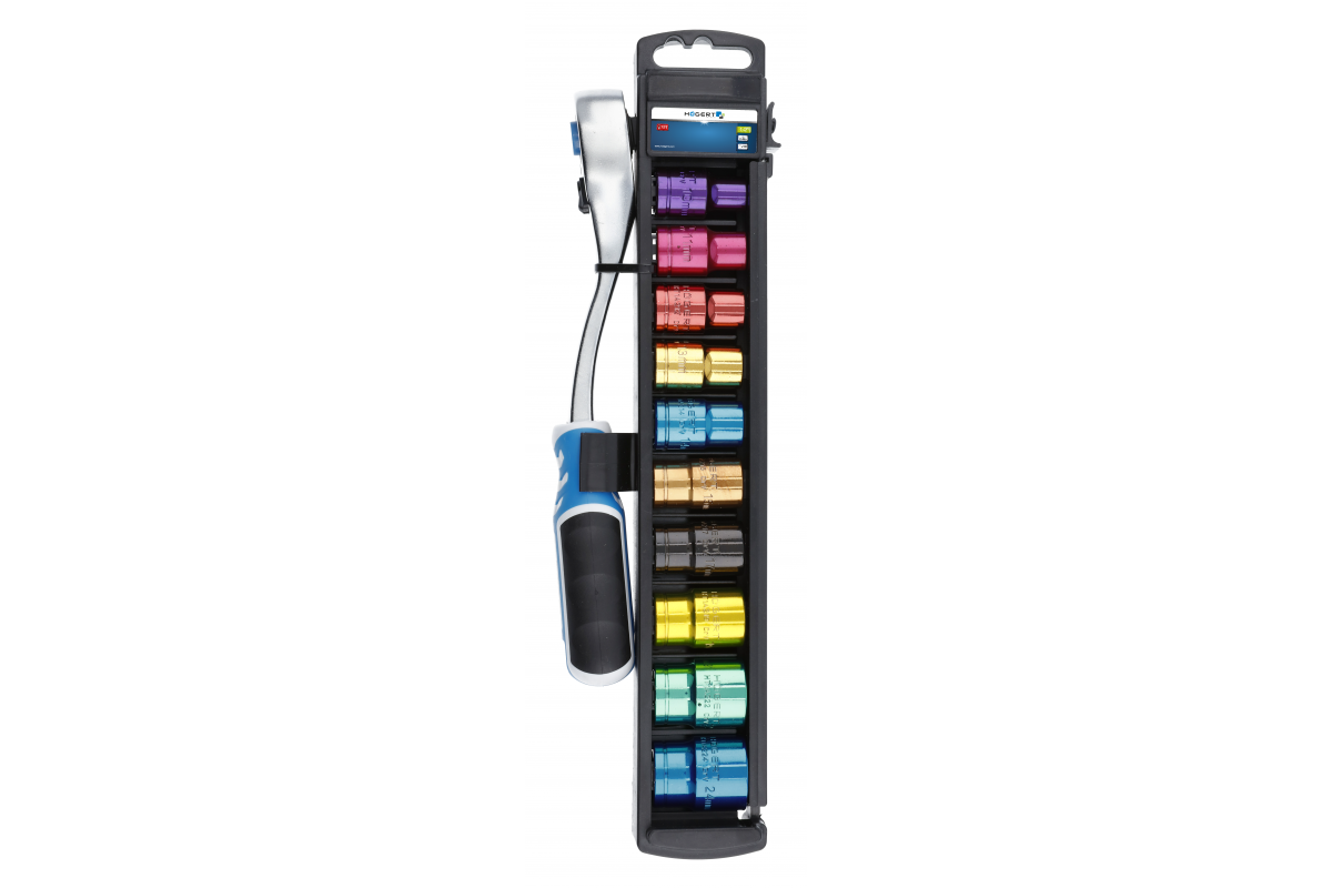 Color coded sockets set with ratchet handle 1/2", CrV steel, 72T, 11 pcs