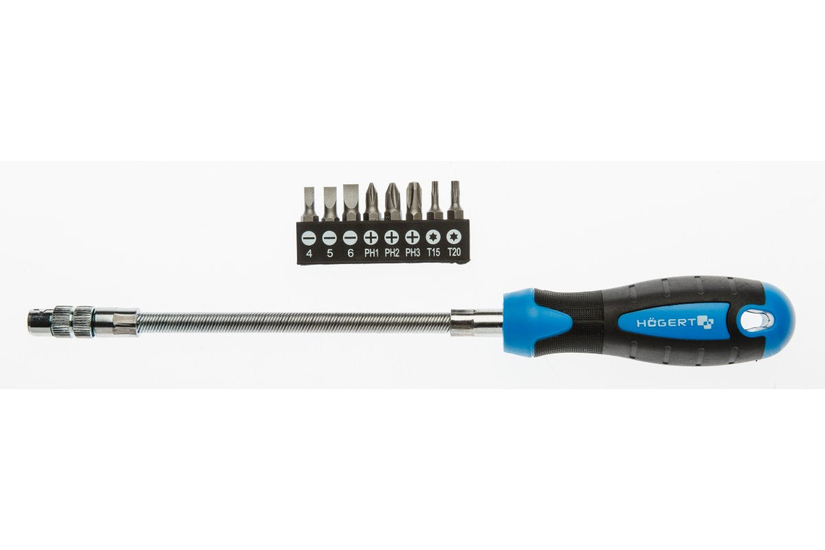 Flexible shaft screwdriver and interchangeable bits