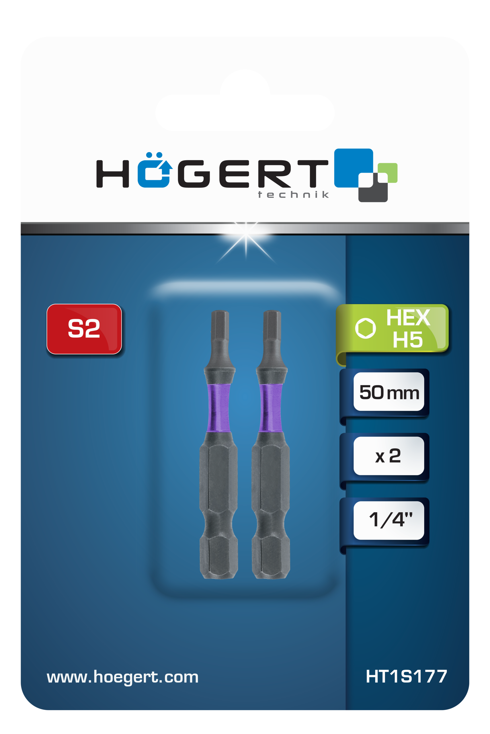 Impact screwdriver bit Hex H5 50mm 2 pcs