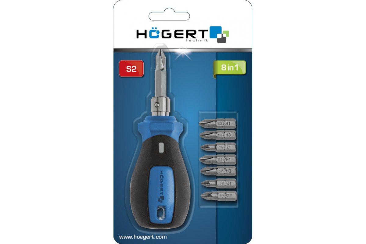 Screwdriver with double-sided screwdriver bit, for PH0, PH1, PH2, PH3, PZ1, PZ2, PZ3 and slotted 6 mm screws