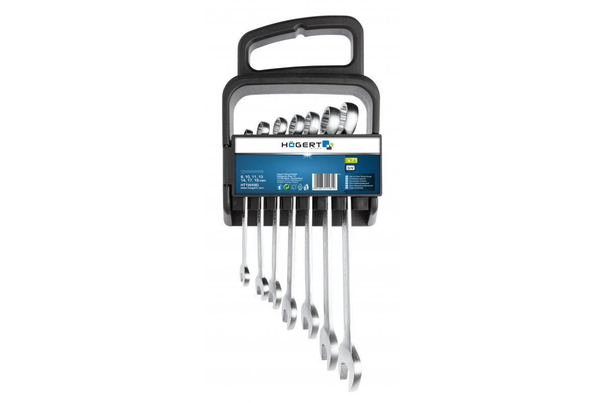 Combination spanners set, 7 pcs, 8-19 mm, plastic handle for hanging, CrV, DIN 3113