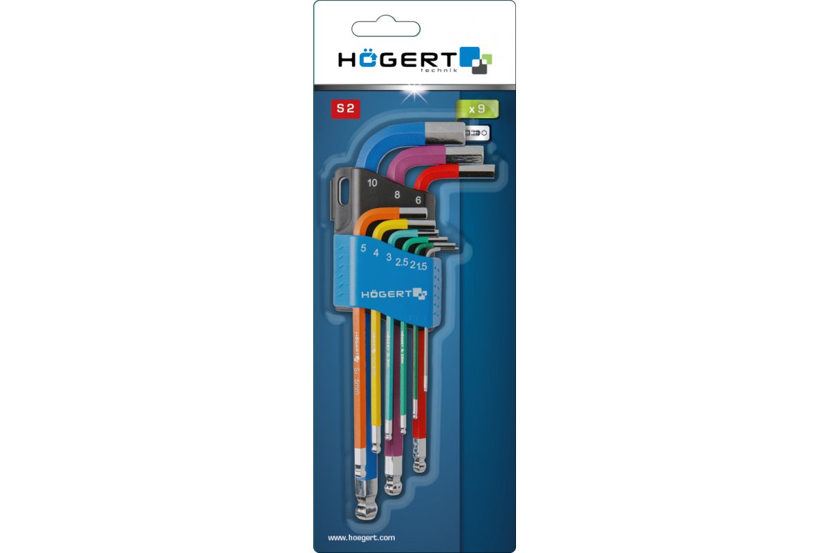 9-piece hex keys set, long arm, colour coded